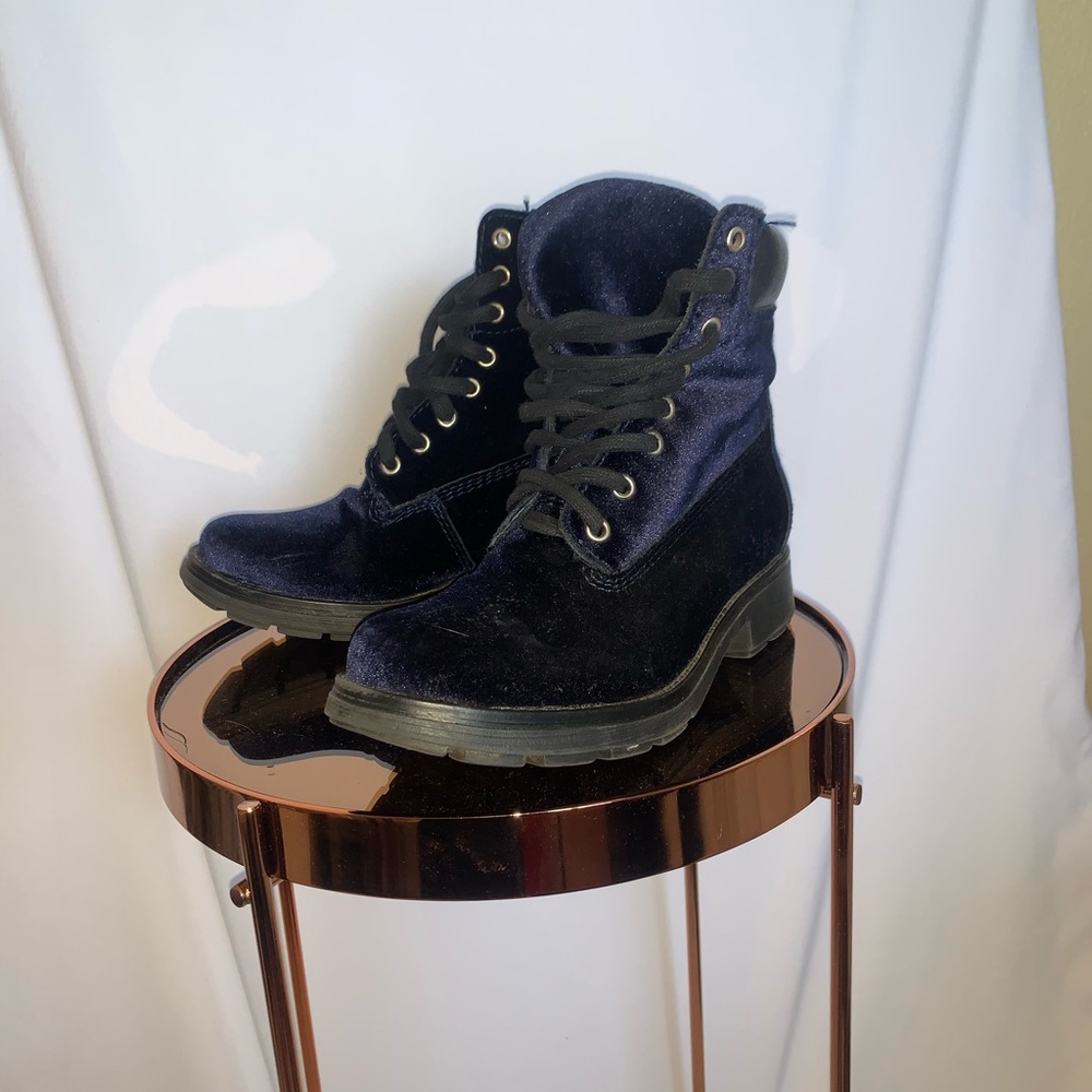 Blue velvet combat boots